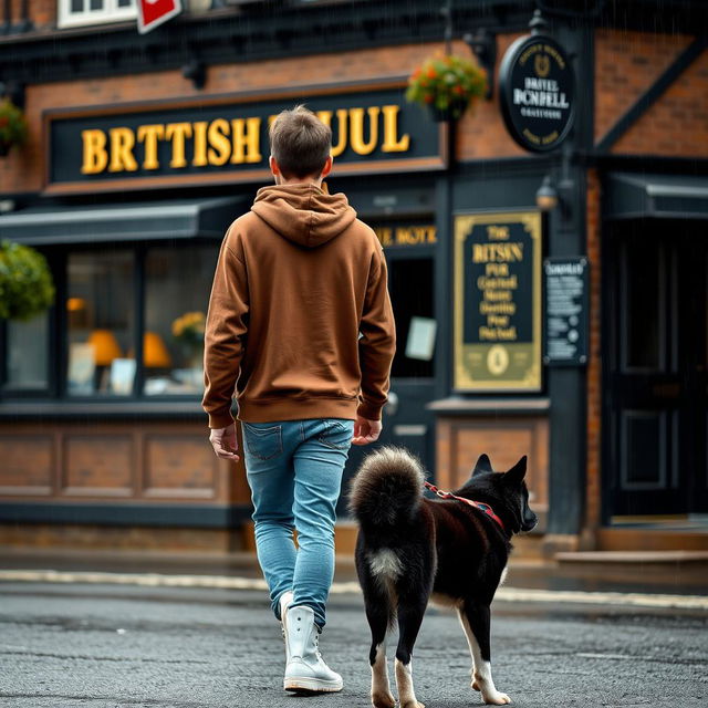 A young man is walking away from a British pub, wearing a brown hoody with the hood up, blue jeans, and white high tops