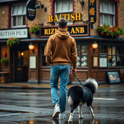 A young man is walking away from a British pub, wearing a brown hoody with the hood up, blue jeans, and white high tops