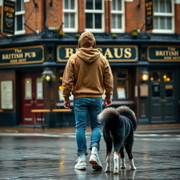 A young man is walking away from a British pub, wearing a brown hoody with the hood up, blue jeans, and white high tops