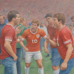 The previous scene of passionate football fans arguing, transformed into a vividly detailed colored pencil sketch.