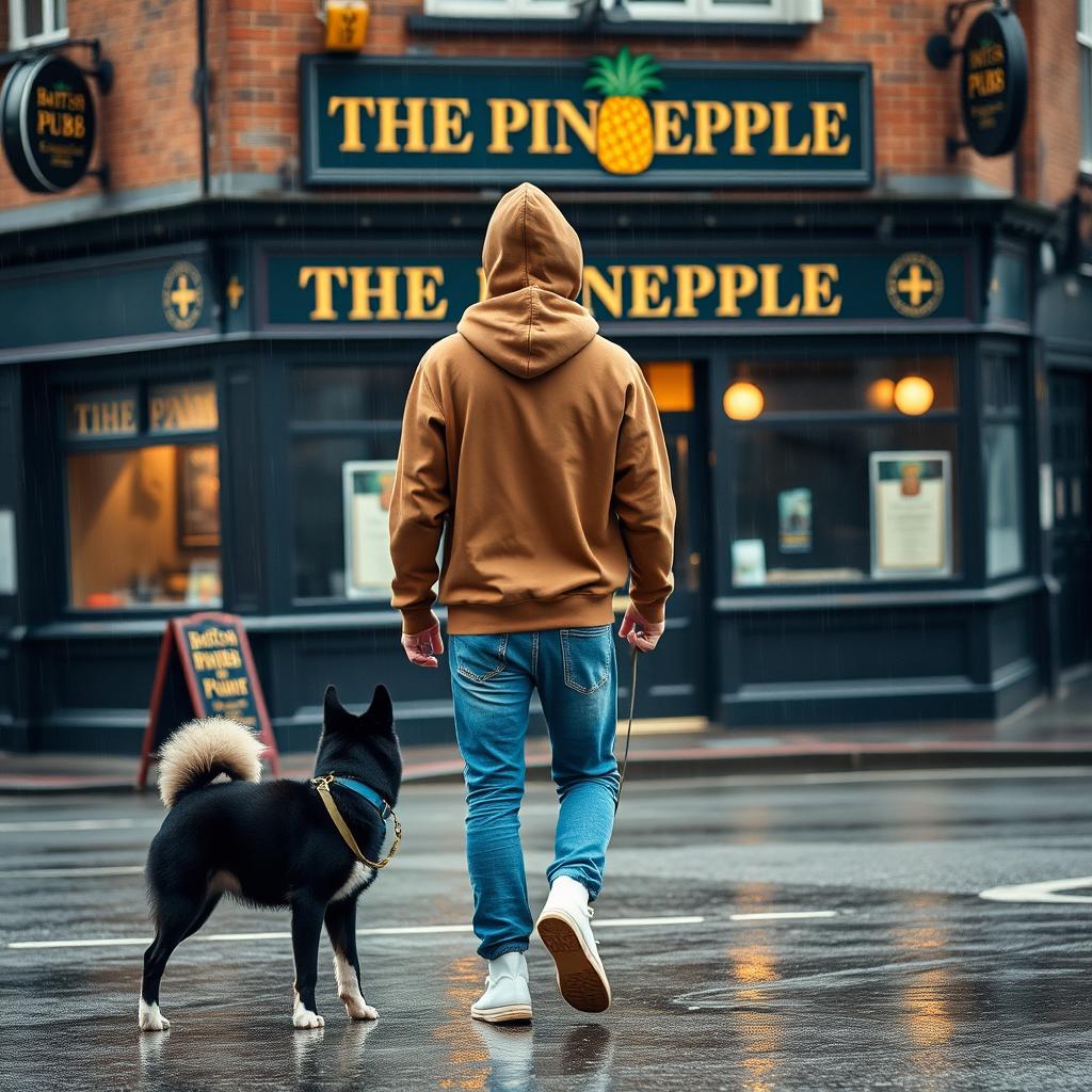 A young man is walking away from a British pub called 'The Pineapple,' wearing a brown hoody with the hood up, blue jeans, and white high tops