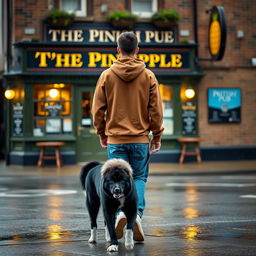 A young man is walking away from a British pub called 'The Pineapple,' wearing a brown hoody with the hood up, blue jeans, and white high tops