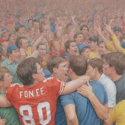 The previous scene of passionate football fans arguing, transformed into a vividly detailed colored pencil sketch.