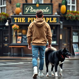 A young man is walking away from a British pub called 'The Pineapple,' wearing a brown hoody with the hood up, blue jeans, and white high tops