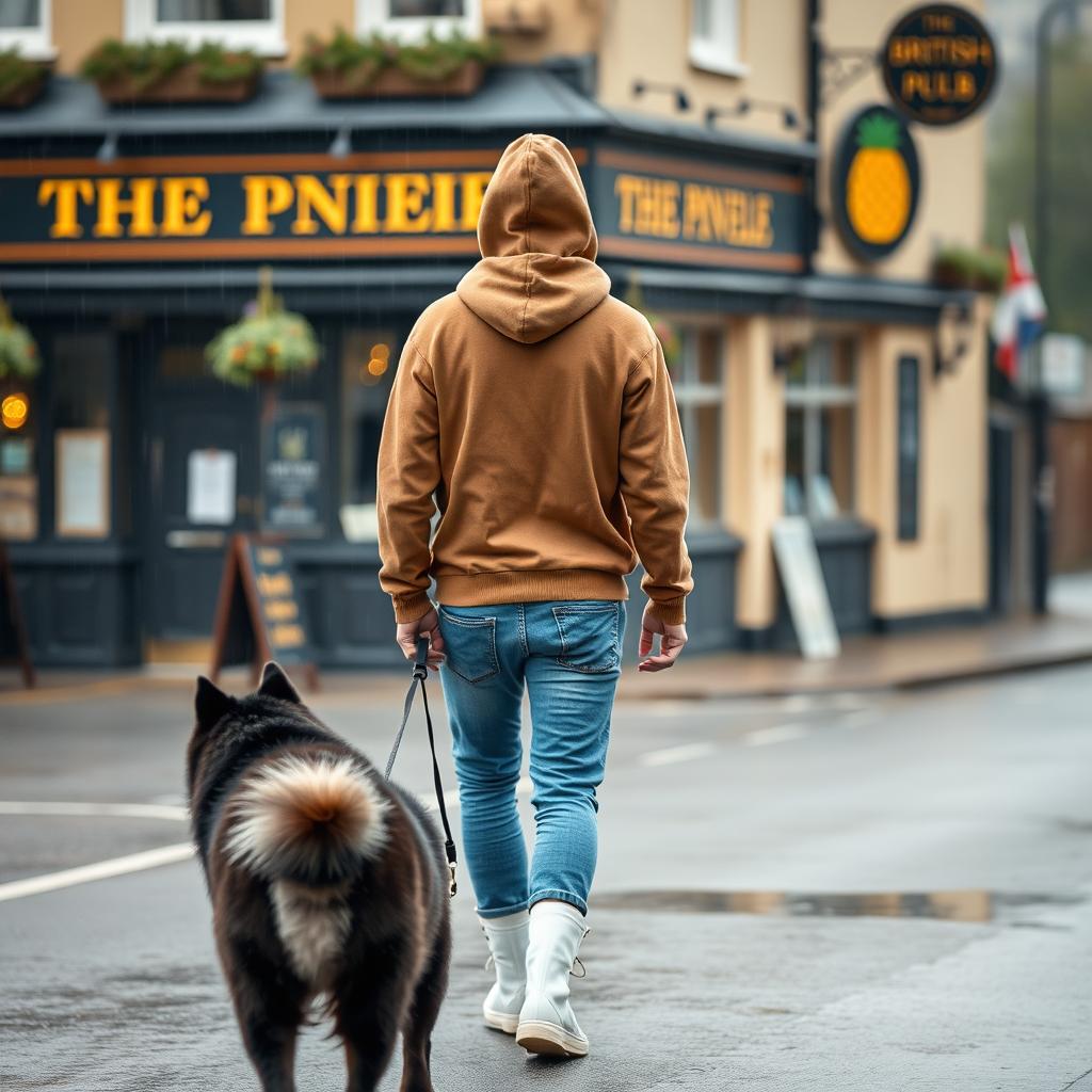 A young man is walking away from a British pub called 'The Pineapple,' wearing a brown hoody with the hood up, blue jeans, and white high tops