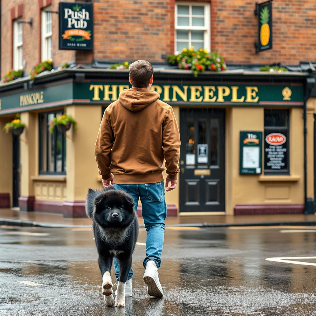 A young man is walking away from a British pub called 'The Pineapple,' wearing a brown hoody with the hood up, blue jeans, and white high tops