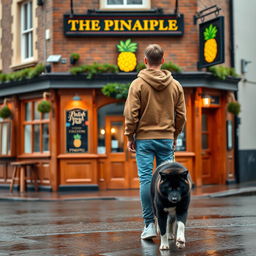 A young man is walking away from a British pub called 'The Pineapple,' wearing a brown hoody with the hood up, blue jeans, and white high tops