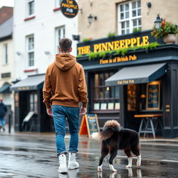 A young man is walking away from a British pub called 'The Pineapple,' wearing a brown hoody with the hood up, blue jeans, and white high tops