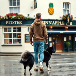 A young man is walking away from a British pub called 'The Pineapple,' wearing a brown hoody with the hood up, blue jeans, and white high tops