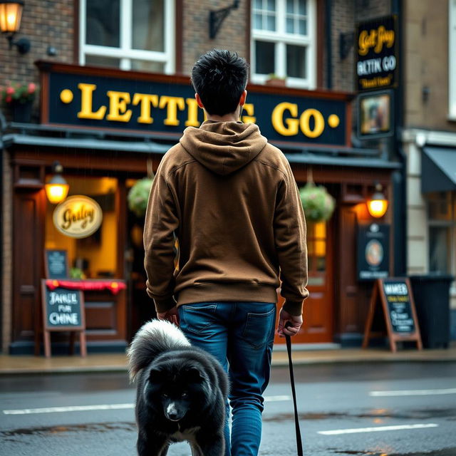 A young man with black spiked hair is walking away from a British pub called 'Letting Go,' wearing a brown hoody and blue jeans