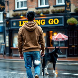 A young man with black spiked hair is walking away from a British pub called 'Letting Go,' wearing a brown hoody and blue jeans