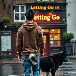 A young man with black spiked hair is walking away from a British pub called 'Letting Go,' wearing a brown hoody and blue jeans