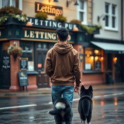 A young man with black spiked hair is walking away from a British pub called 'Letting Go,' wearing a brown hoody and blue jeans