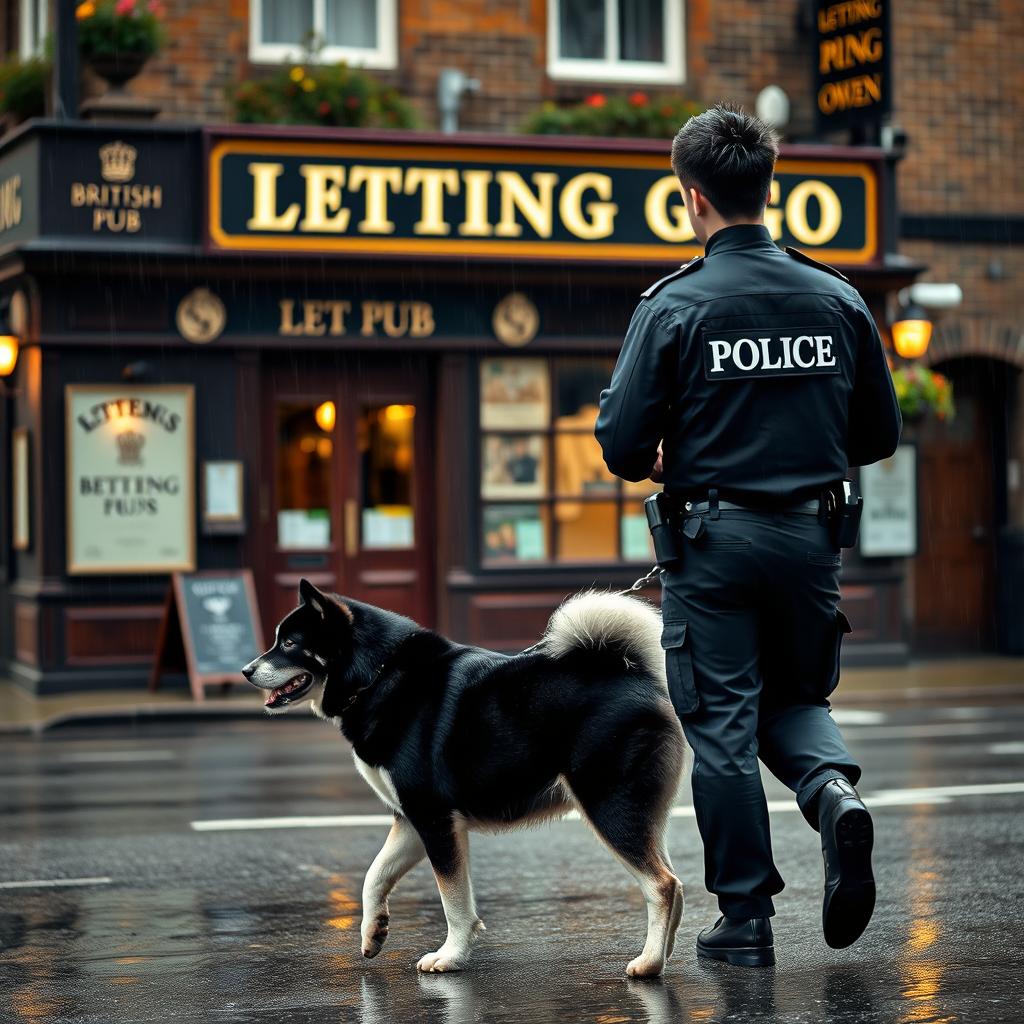 A young police officer with black spiked hair is walking away from a British pub called 'Letting Go