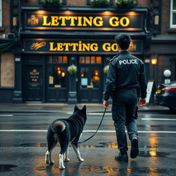 A young police officer with black spiked hair is walking away from a British pub called 'Letting Go