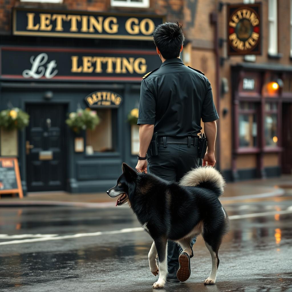 A young police officer with black spiked hair is walking away from a British pub called 'Letting Go