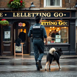 A young police officer with black spiked hair is walking away from a British pub called 'Letting Go