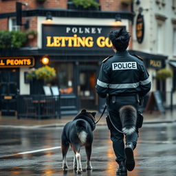 A young police officer in a British police uniform with black spiked hair is walking away from a British pub called 'Letting Go