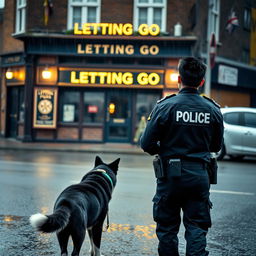 A young police officer in a British police uniform with black spiked hair is walking away from a British pub called 'Letting Go