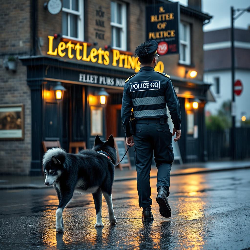 A young police officer in a British police uniform with black spiked hair is walking away from a British pub called 'Letting Go