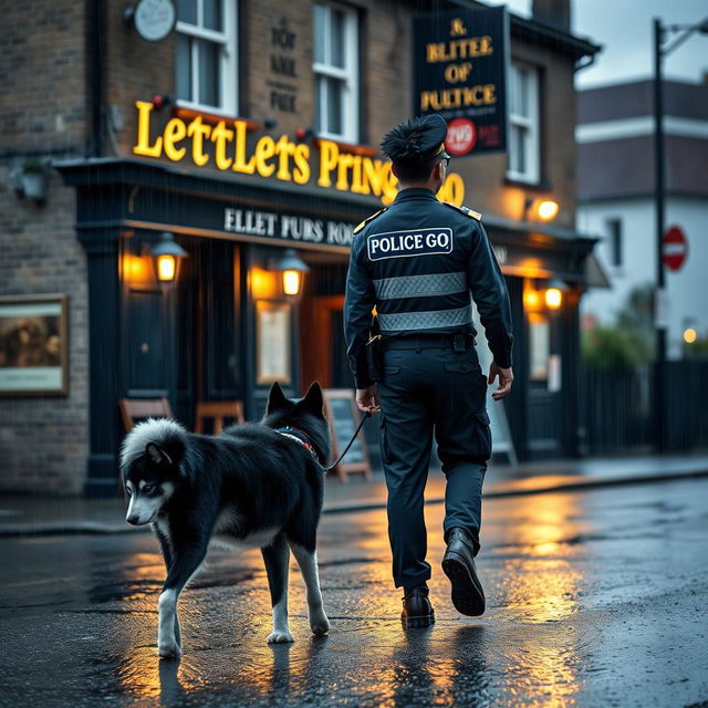 A young police officer in a British police uniform with black spiked hair is walking away from a British pub called 'Letting Go