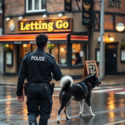 A young police officer in a British police uniform with black spiked hair is walking away from a British pub called 'Letting Go