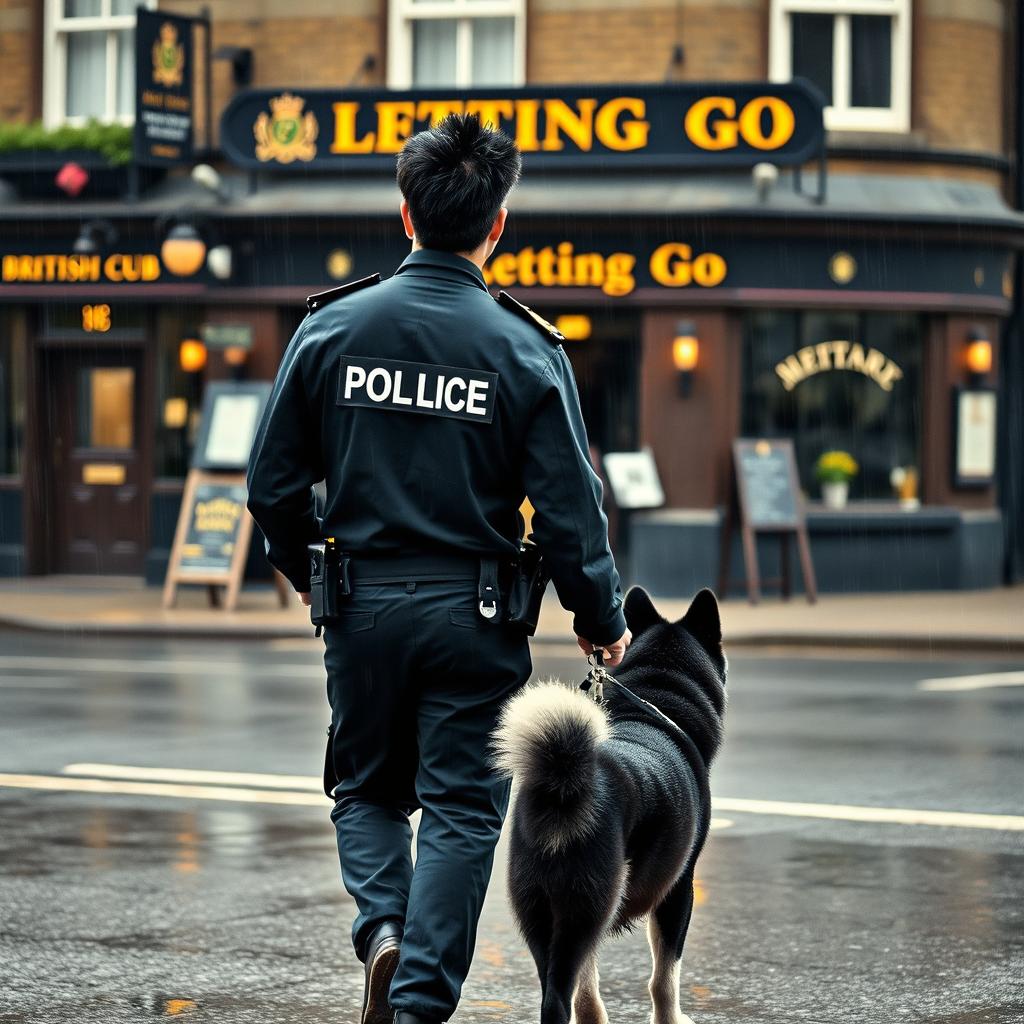 A young British police officer in a British police uniform with black spiked hair is walking away from a British pub called 'Letting Go