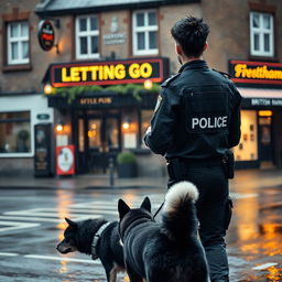 A young British police officer in a British police uniform with black spiked hair is walking away from a British pub called 'Letting Go