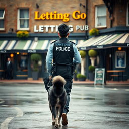 A young British police officer in a British police uniform with black spiked hair is walking away from a British pub called 'Letting Go