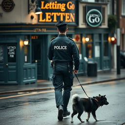 A young British police officer in a British police uniform with black spiked hair is walking away from a British pub called 'Letting Go