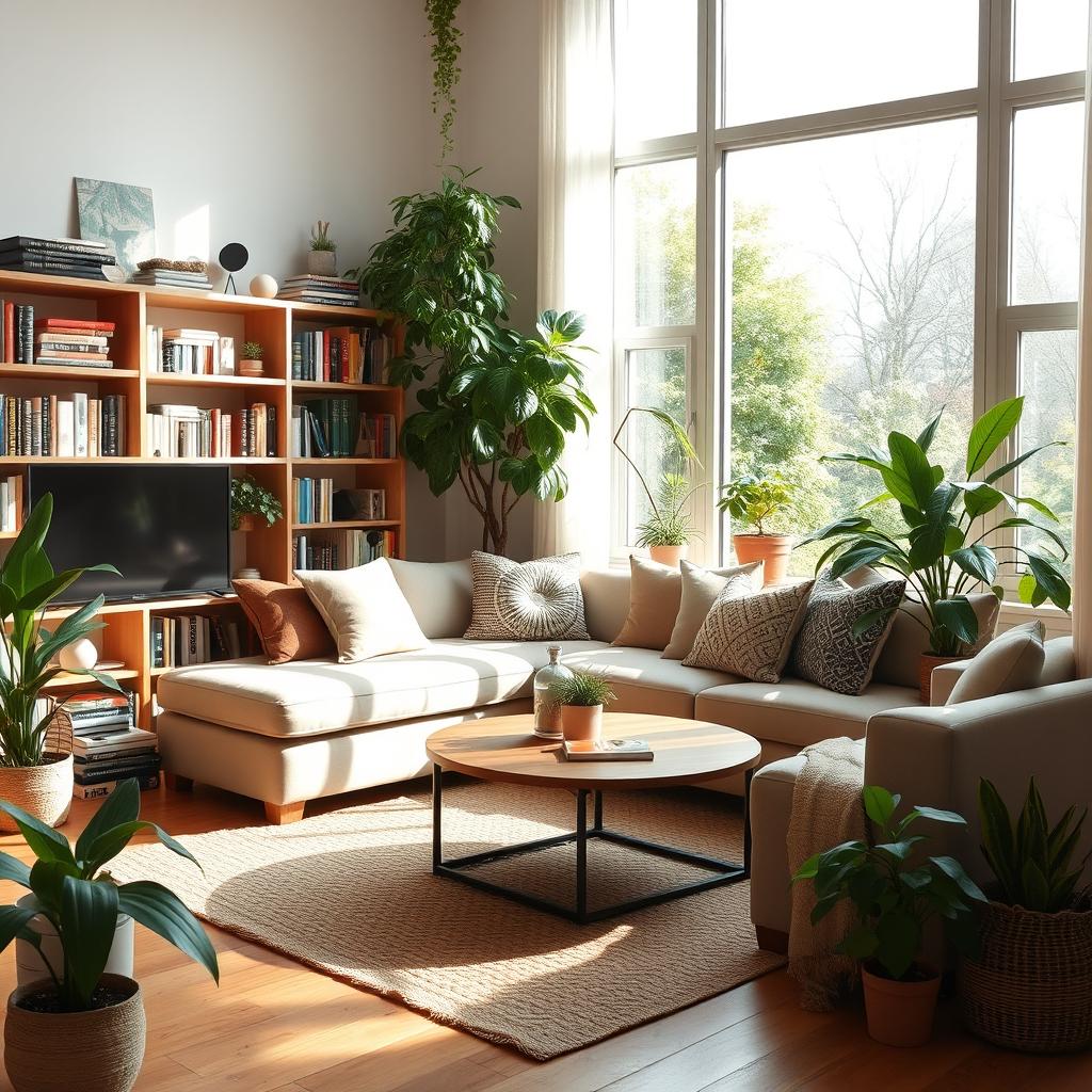 A cozy and modern living room with a comfortable sofa, a coffee table, a bookshelf filled with books, and a large window letting in natural light