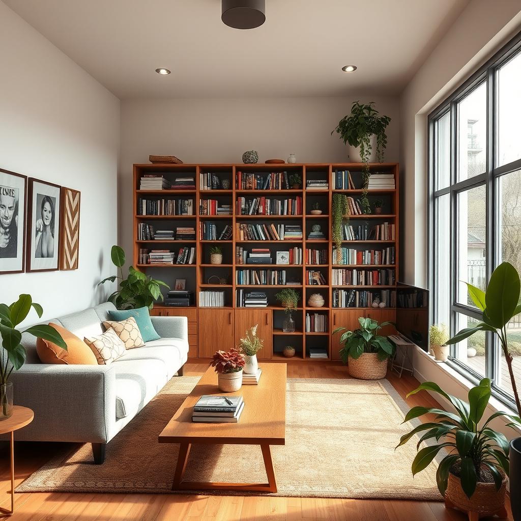 A cozy and modern living room with a comfortable sofa, a coffee table, a bookshelf filled with books, and a large window letting in natural light