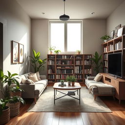 A cozy and modern living room with a comfortable sofa, a coffee table, a bookshelf filled with books, and a large window letting in natural light