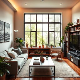 A cozy and modern living room with a comfortable sofa, a coffee table, a bookshelf filled with books, and a large window letting in natural light