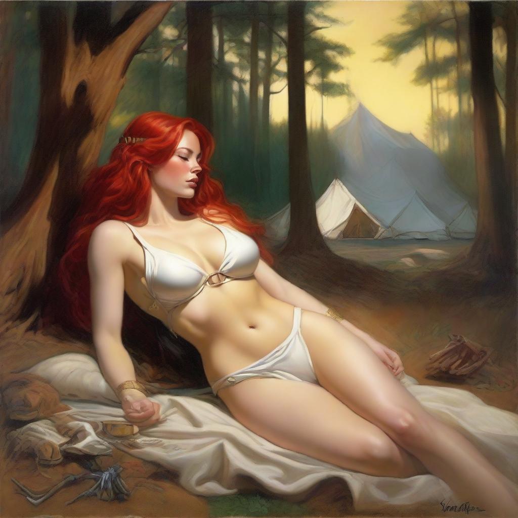 A full-body depiction of a captivating and alluring red-haired, fair-skinned warrior woman, inspired by the art style of Boris Vallejo