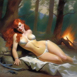 A full-body depiction of a captivating and alluring red-haired, fair-skinned warrior woman, inspired by the art style of Boris Vallejo