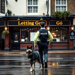 A young British police officer with black spiked hair is walking away from a British pub called 'Letting Go