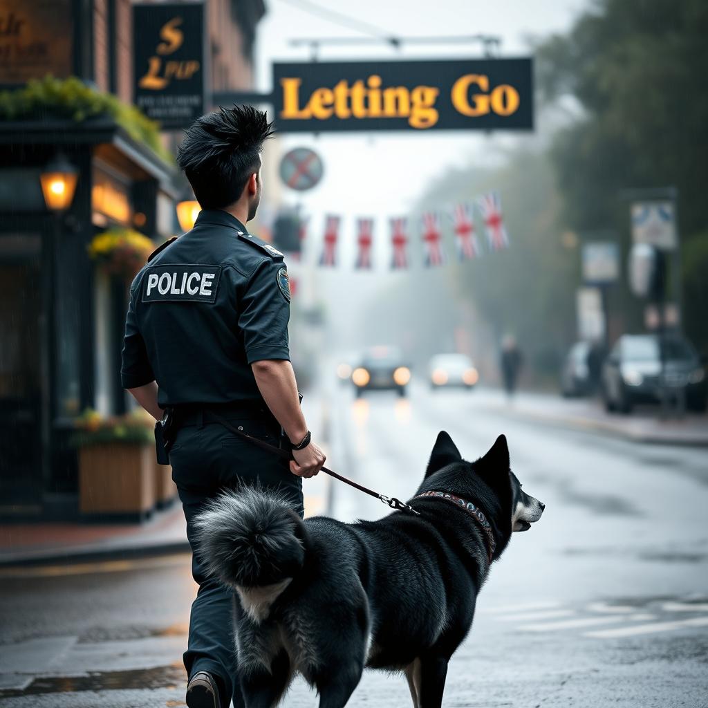 A young British police officer with black spiked hair is walking away from a British pub called 'Letting Go