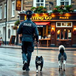 A young British police officer with black spiked hair is walking away from a British pub called 'Letting Go