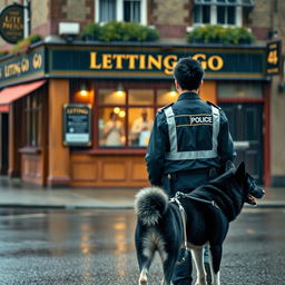 A young British police officer with black spiked hair is walking away from a British pub called 'Letting Go