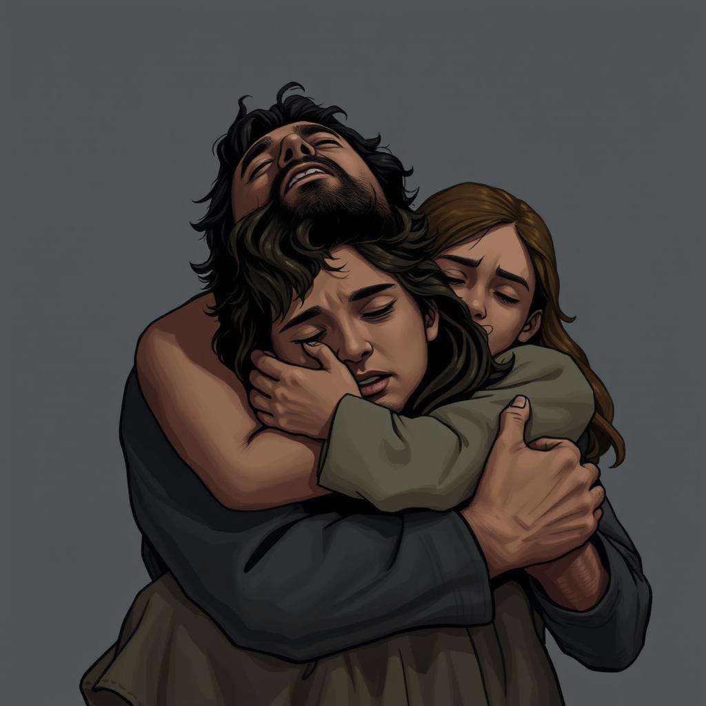 A man devastated and broken, being held in the arms of a caring girl