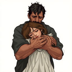 A man devastated and broken, being held in the arms of a caring girl