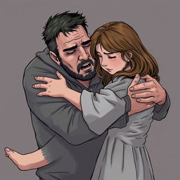 A man devastated and broken, being held in the arms of a caring girl