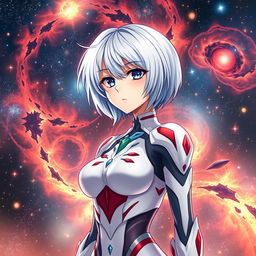 A stunning depiction of Rei Ayanami from Evangelion, styled as a galactic waifu