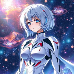 A stunning depiction of Rei Ayanami from Evangelion, styled as a galactic waifu