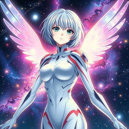 A stunning depiction of Rei Ayanami from Evangelion, styled as a galactic waifu