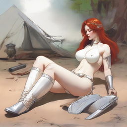 A full-body depiction of a buxom, alluring red-haired, fair-skinned warrior woman in white bikini armor