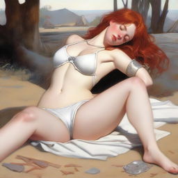 A full-body depiction of a buxom, alluring red-haired, fair-skinned warrior woman in white bikini armor