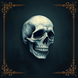 A detailed illustration of a skull set against a dark, ominous background