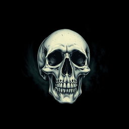 A detailed illustration of a skull set against a dark, ominous background